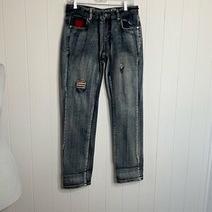 CCS Legacy Flex Mens 30x32 Distressed Denim Jeans Blue USA Flag Patch Stretch